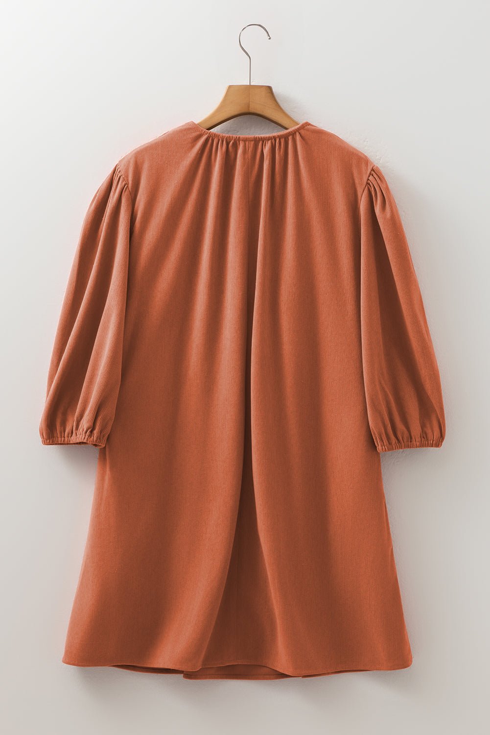 Cinnamon Split Neck Scallop Detail Pleated Corduroy Mini Dress - MAD RUFFI