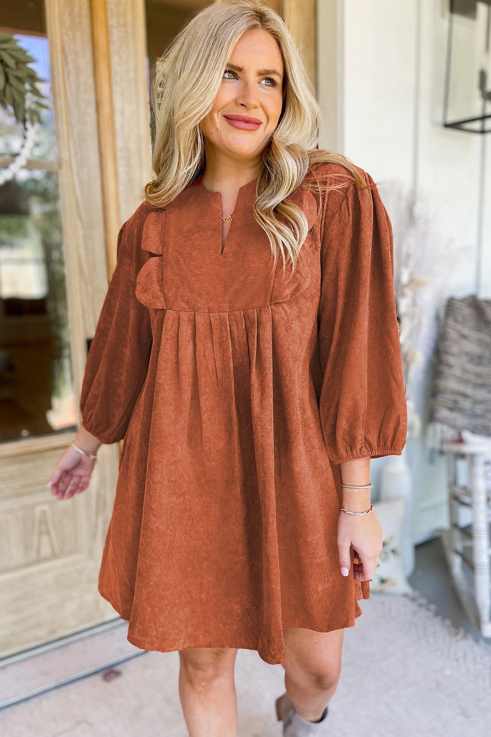 Cinnamon Split Neck Scallop Detail Pleated Corduroy Mini Dress - MAD RUFFI