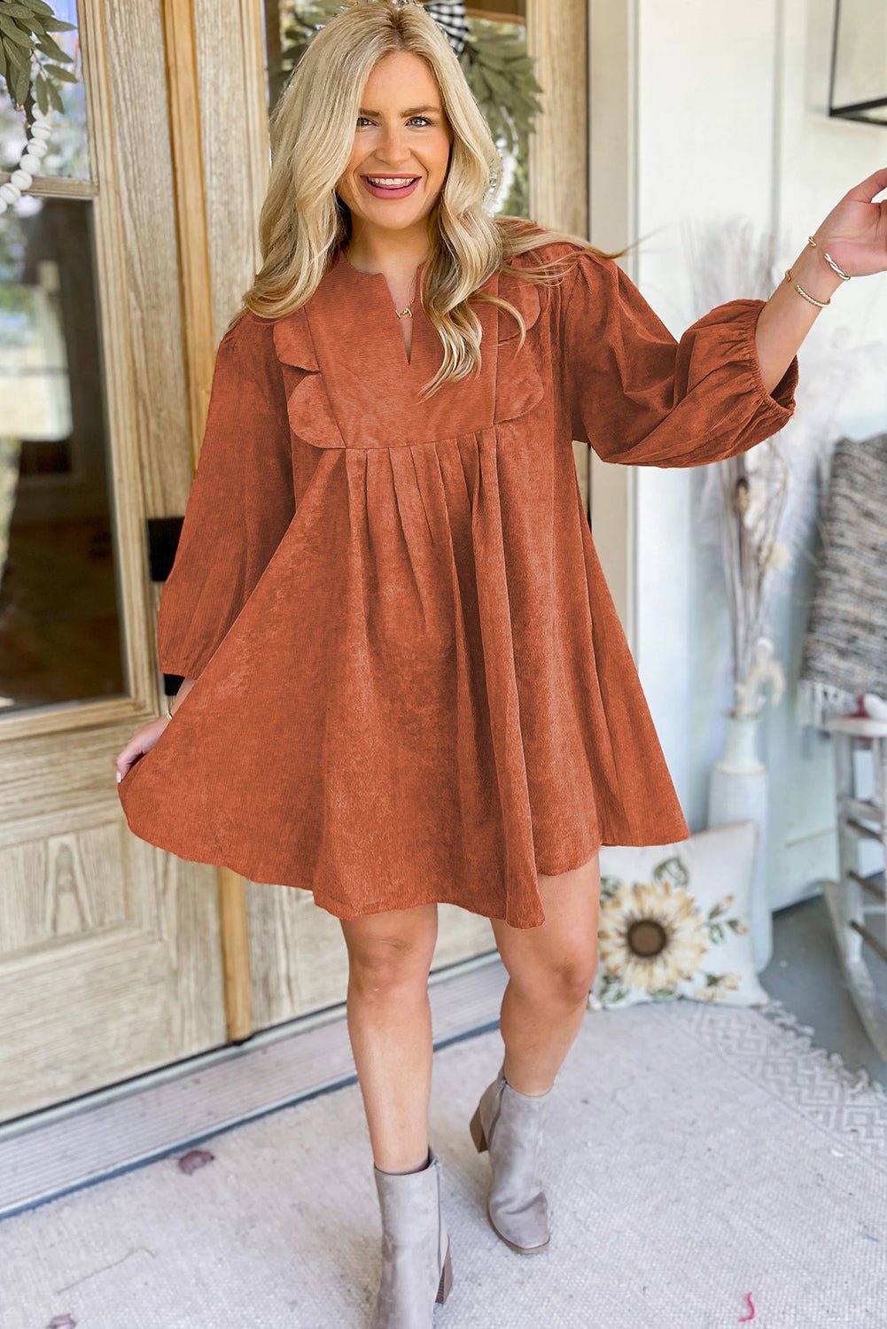 Cinnamon Split Neck Scallop Detail Pleated Corduroy Mini Dress - MAD RUFFI