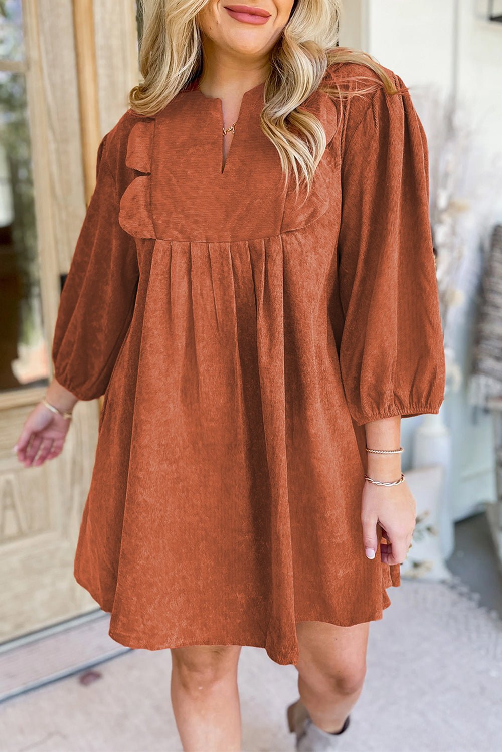 Cinnamon Split Neck Scallop Detail Pleated Corduroy Mini Dress - MAD RUFFI