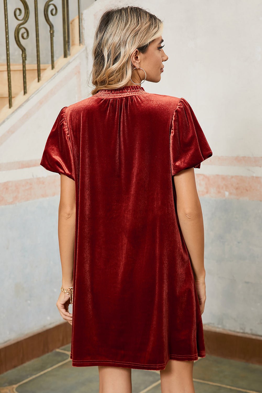 Cinnamon Velvet Smocked Neckline Puff Sleeve Shift Mini Dress - MAD RUFFI