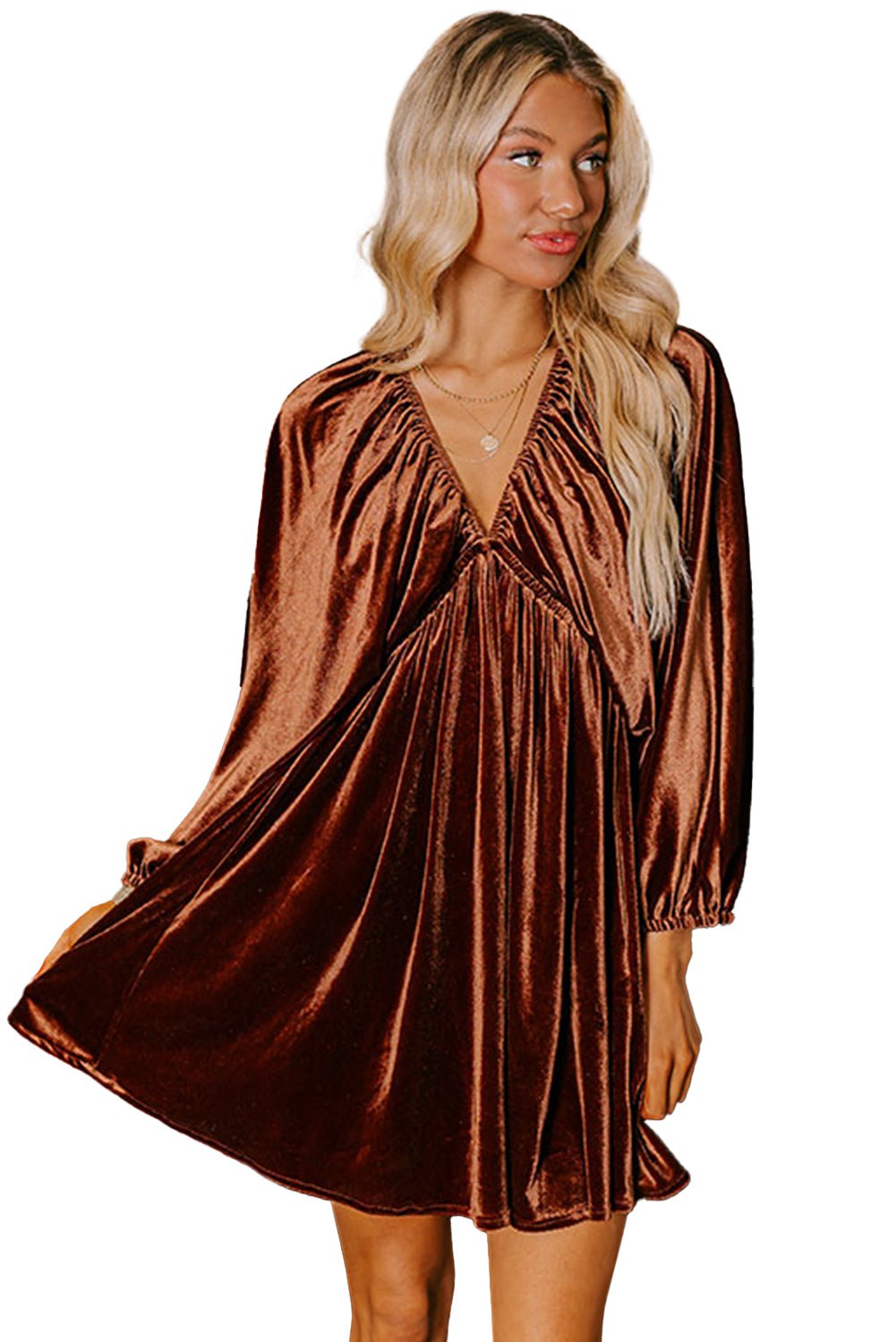 Clay Elastic V Neck Puff Sleeve Flowy Velvet Dress - MAD RUFFI