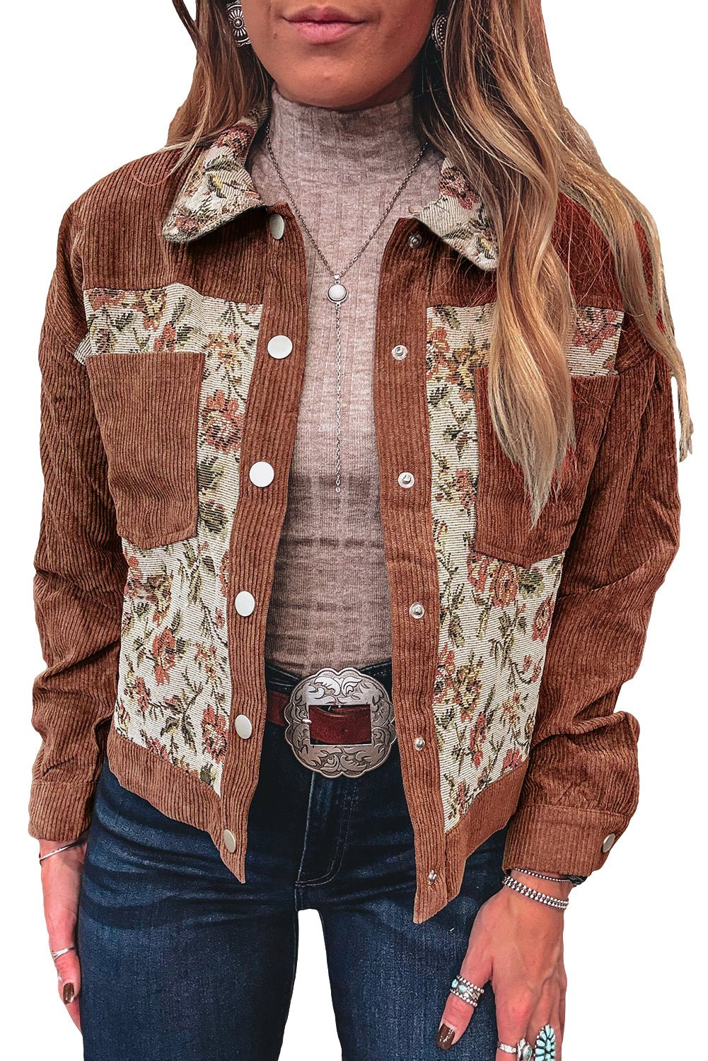 Clay Ribbed Retro Floral Patchwork Jacket - MAD RUFFI