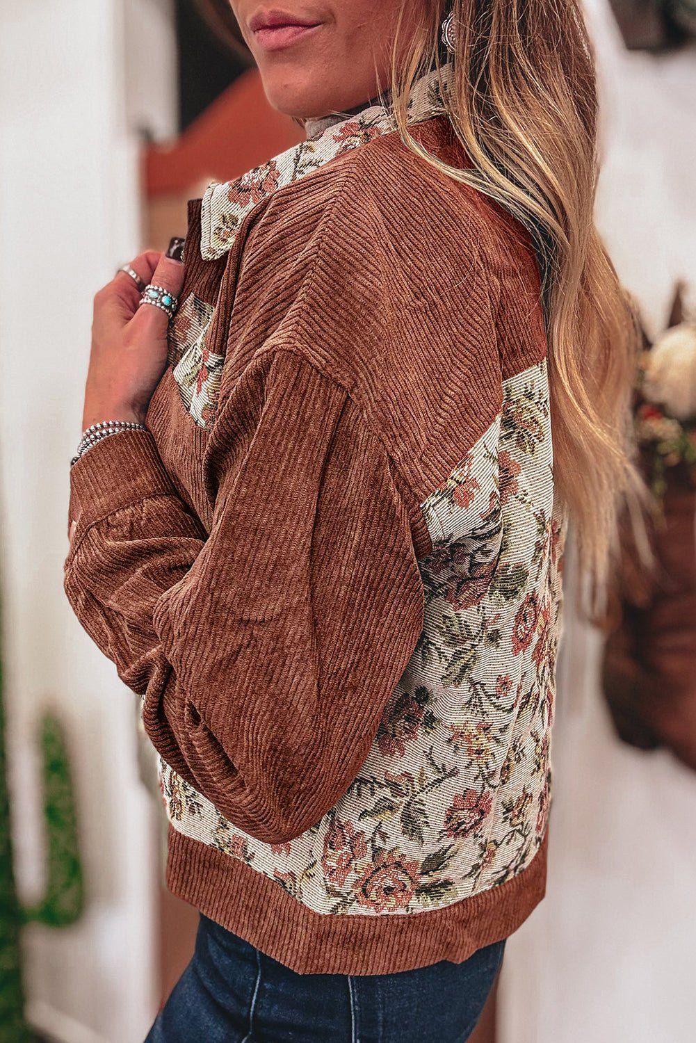 Clay Ribbed Retro Floral Patchwork Jacket - MAD RUFFI