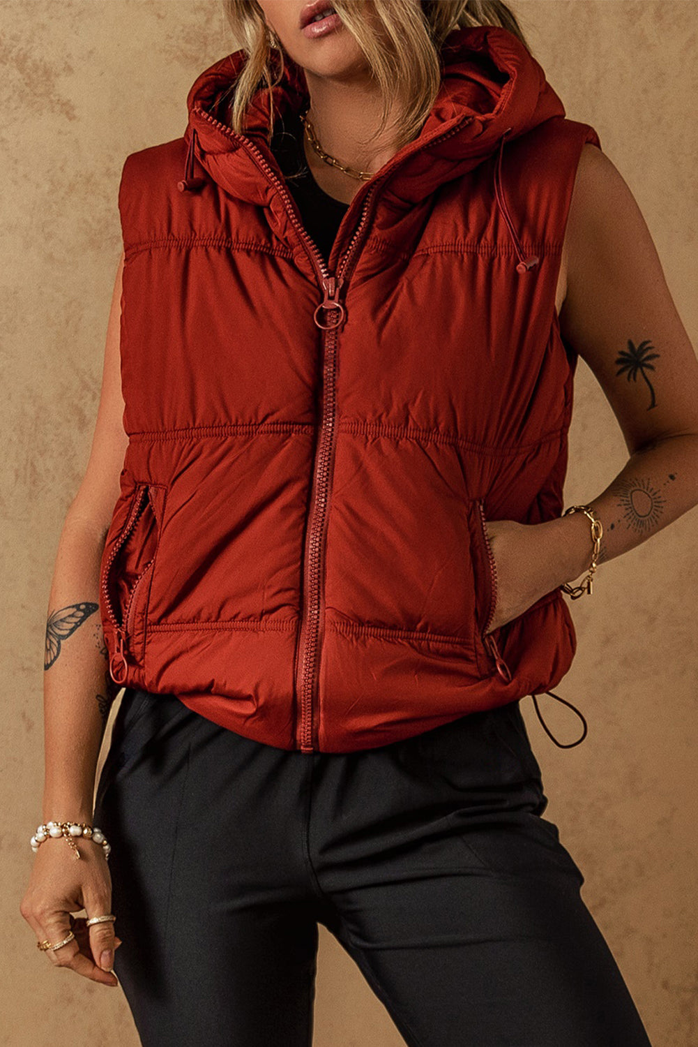 Clay Zip Up Side Pockets Hooded Puffer Vest - MAD RUFFI