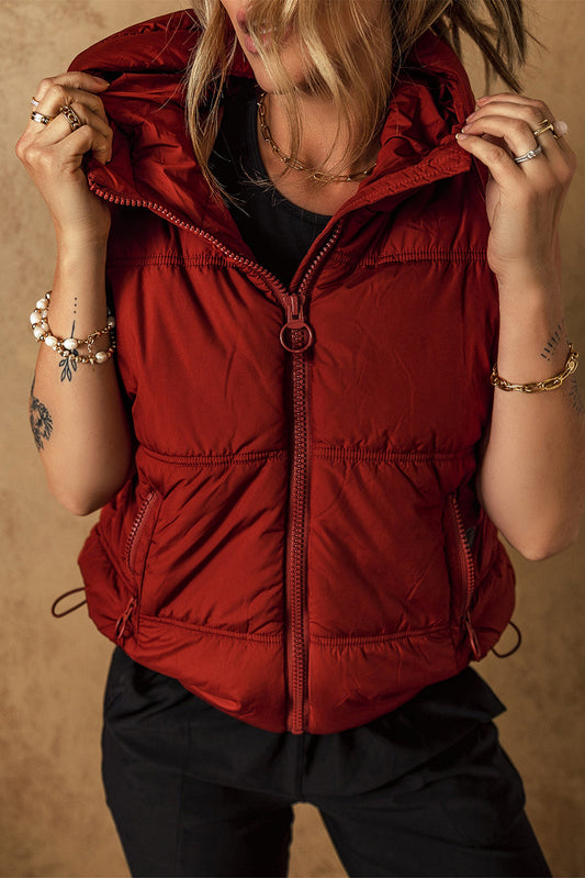 Clay Zip Up Side Pockets Hooded Puffer Vest - MAD RUFFI