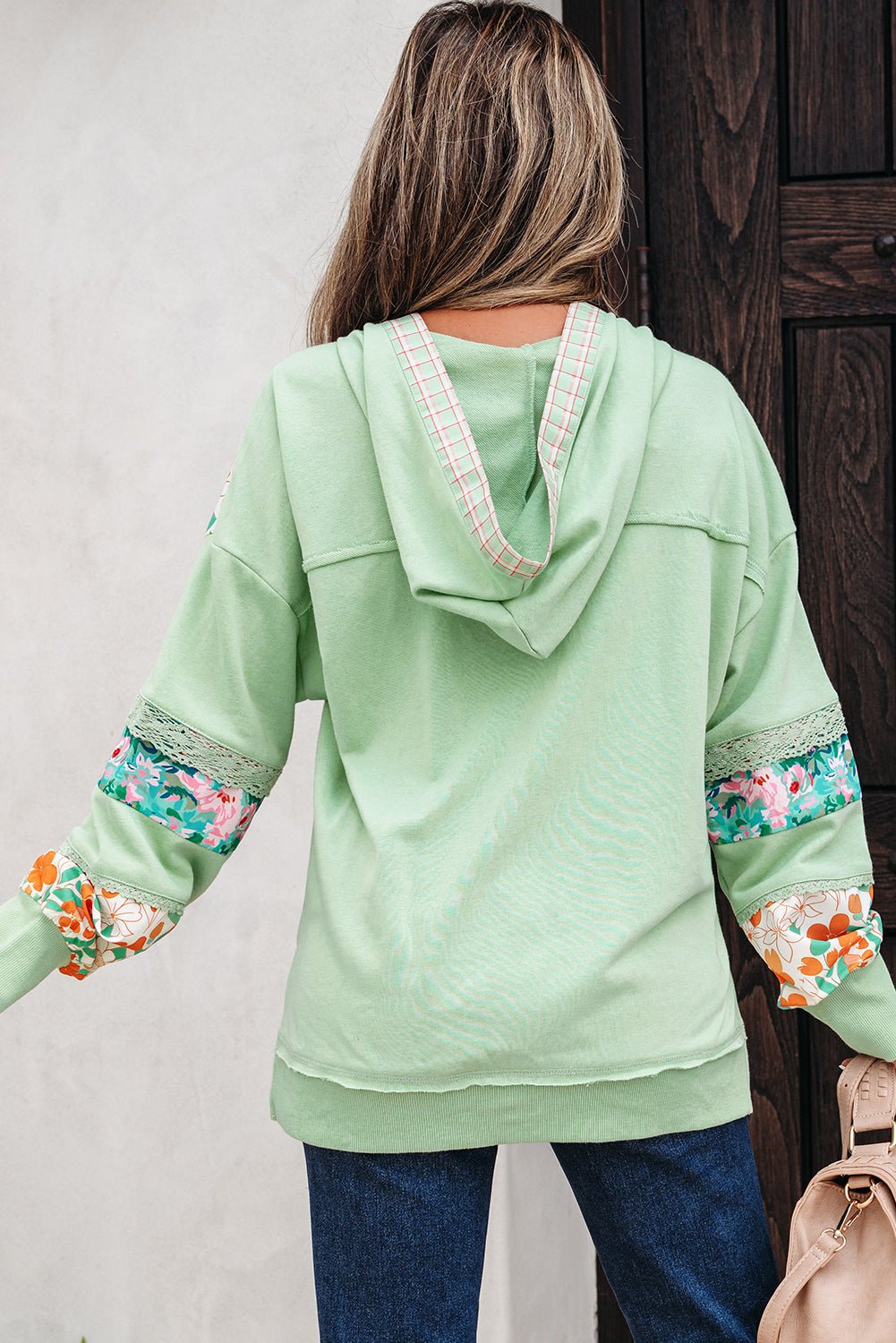 Clearly Aqua Lace Floral Patchwork Hooded Henley Top - MAD RUFFI