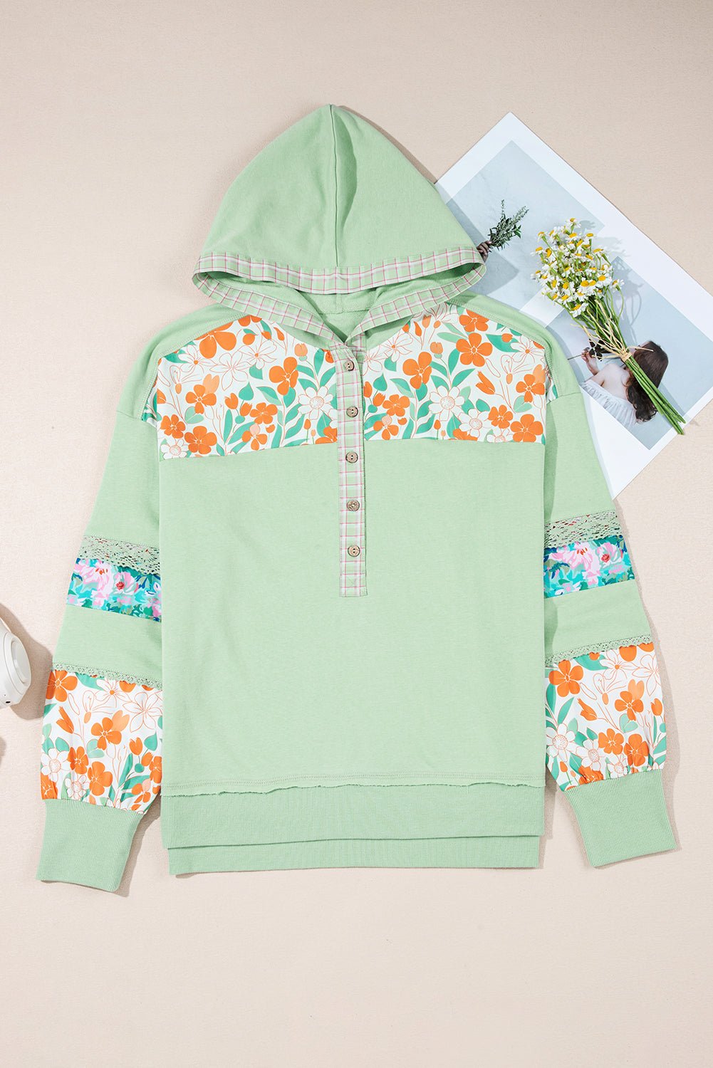 Clearly Aqua Lace Floral Patchwork Hooded Henley Top - MAD RUFFI