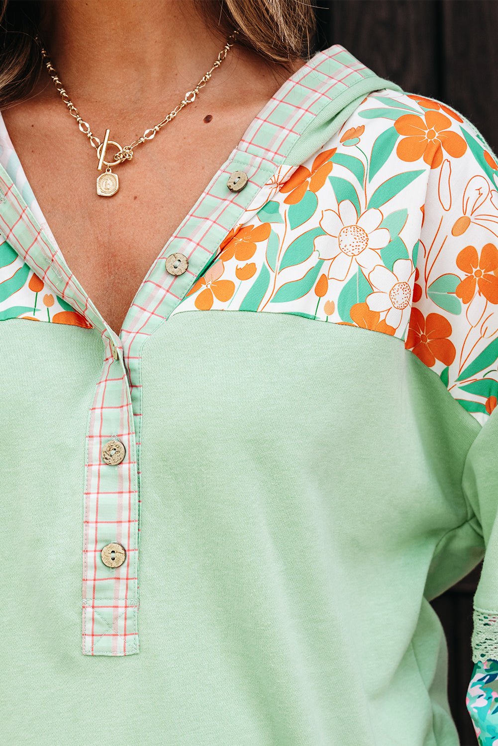 Clearly Aqua Lace Floral Patchwork Hooded Henley Top - MAD RUFFI