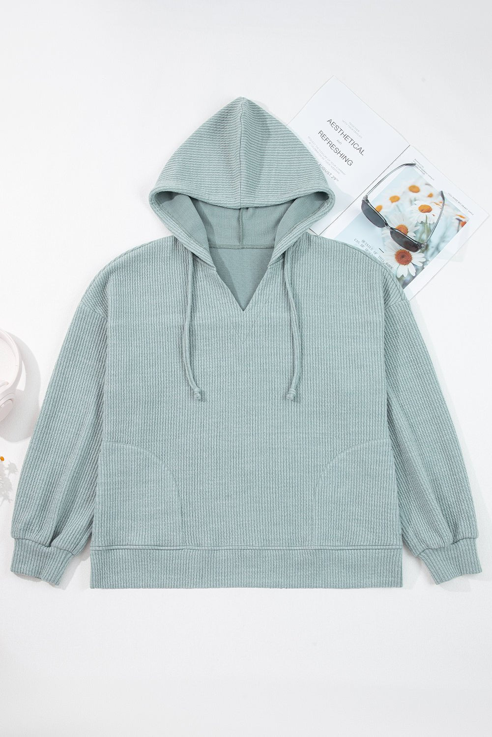 Clearly Aqua Ribbed Drop Shoulder Knit Hoodie - MAD RUFFI