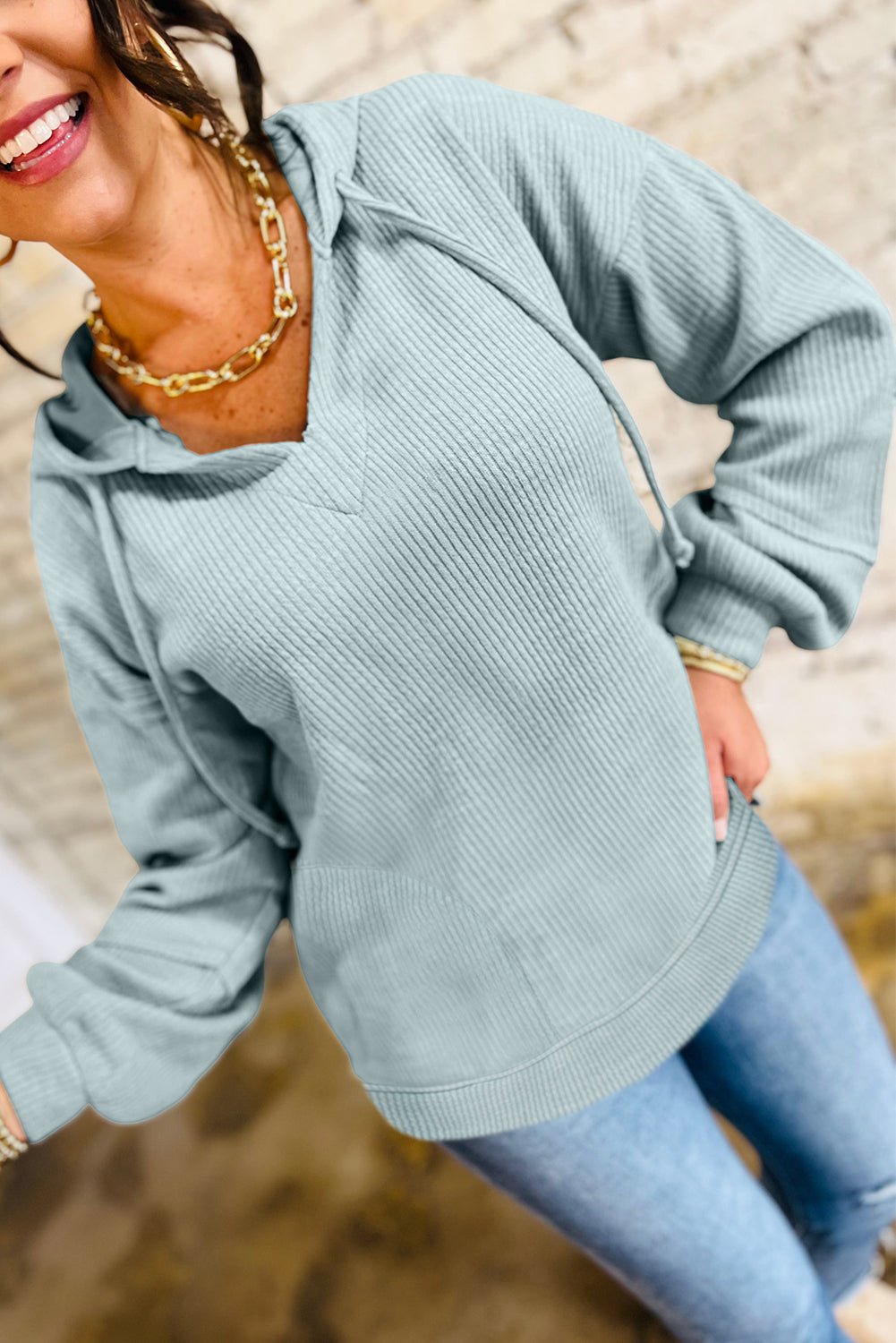 Clearly Aqua Ribbed Drop Shoulder Knit Hoodie - MAD RUFFI