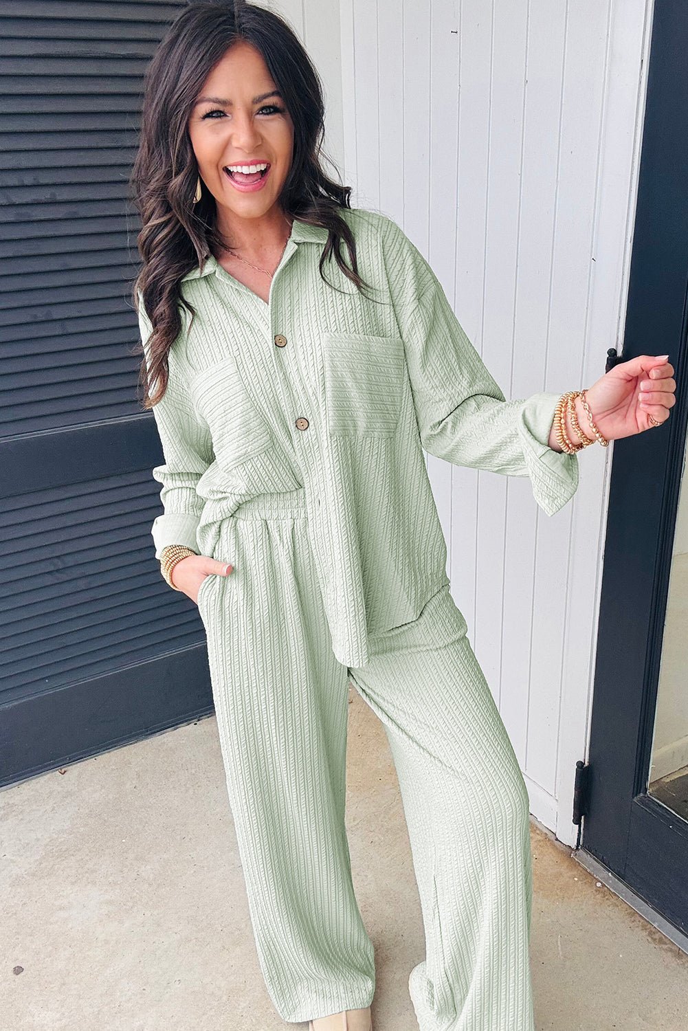 Clearly Aqua Textured Patch Chest Pocket Shirt and Pants Set - MAD RUFFI