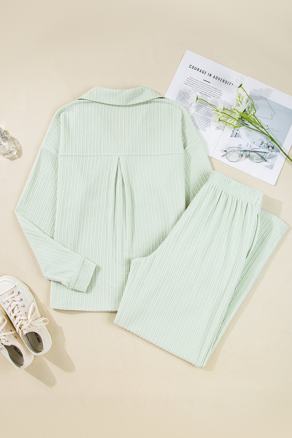 Clearly Aqua Textured Patch Chest Pocket Shirt and Pants Set - MAD RUFFI