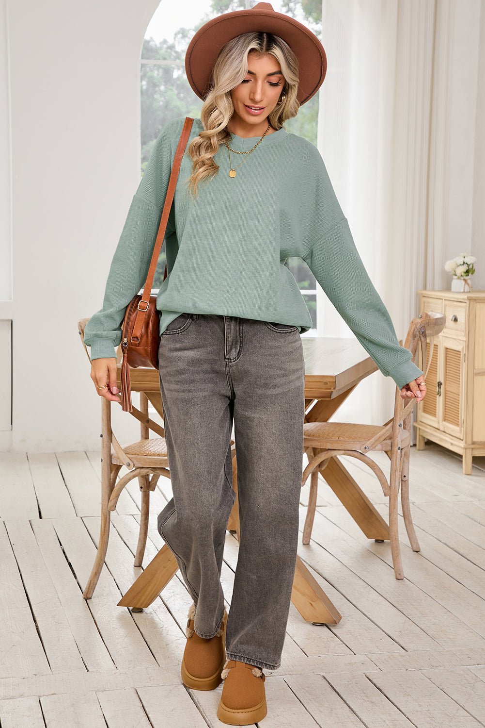 Clearly Aqua Waffle Knit Drop Shoulder V Neck Top - MAD RUFFI