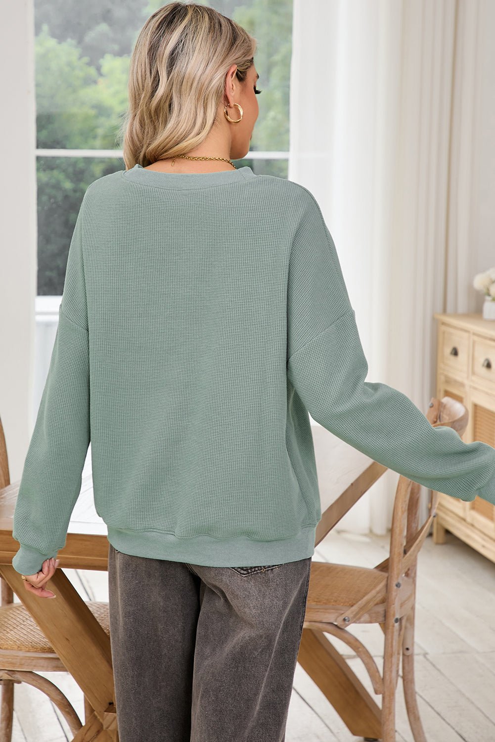 Clearly Aqua Waffle Knit Drop Shoulder V Neck Top - MAD RUFFI