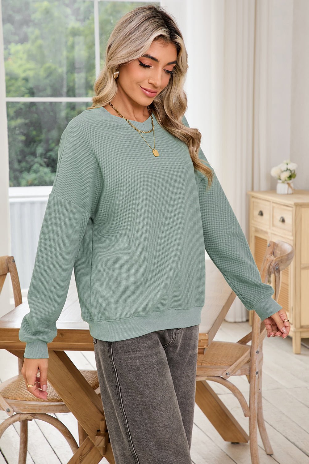 Clearly Aqua Waffle Knit Drop Shoulder V Neck Top - MAD RUFFI