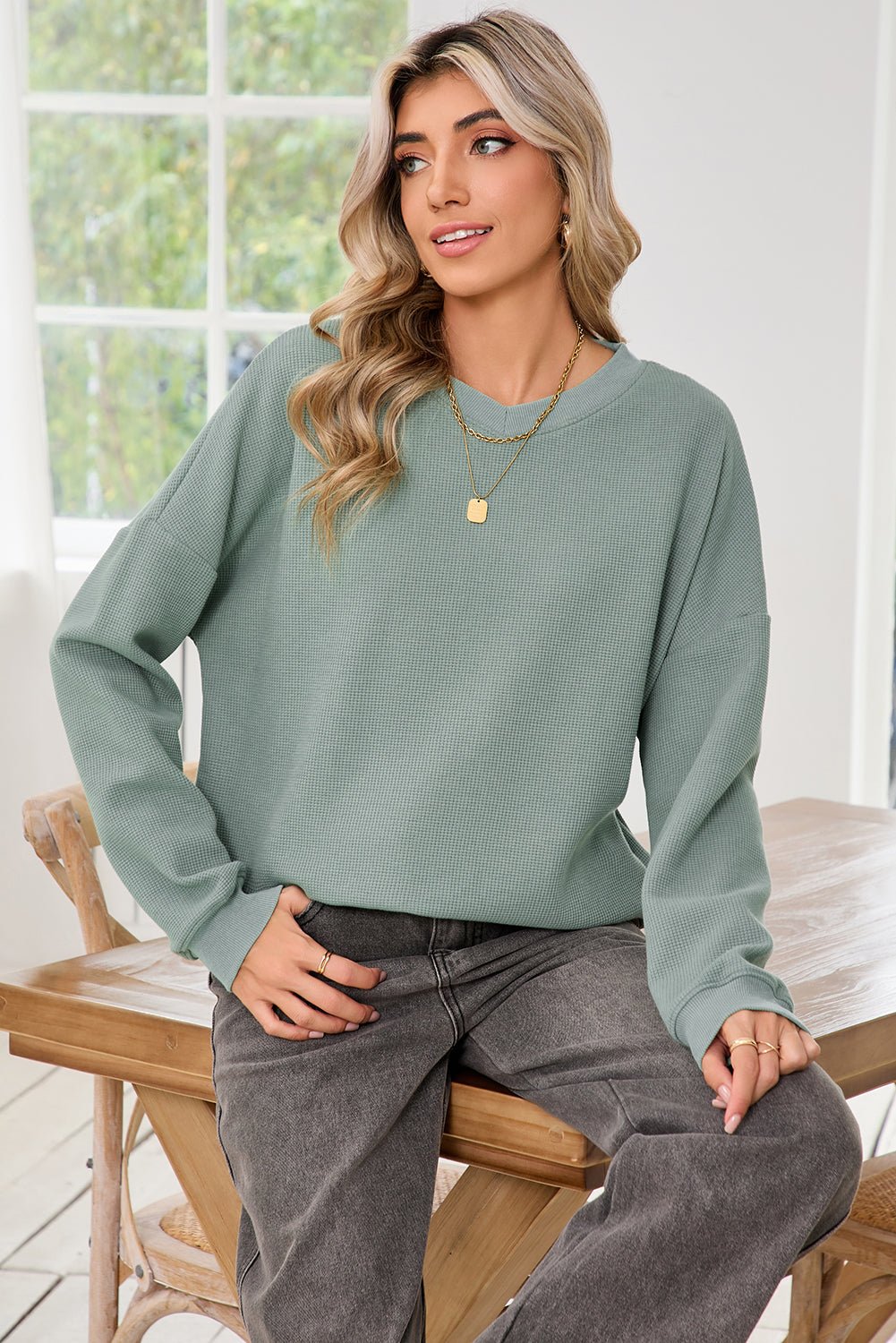 Clearly Aqua Waffle Knit Drop Shoulder V Neck Top - MAD RUFFI