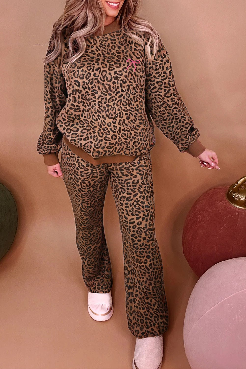 Coffee Allover Leopard Print Contrast Trim Long Sleeve Top and Pants Set - MAD RUFFI