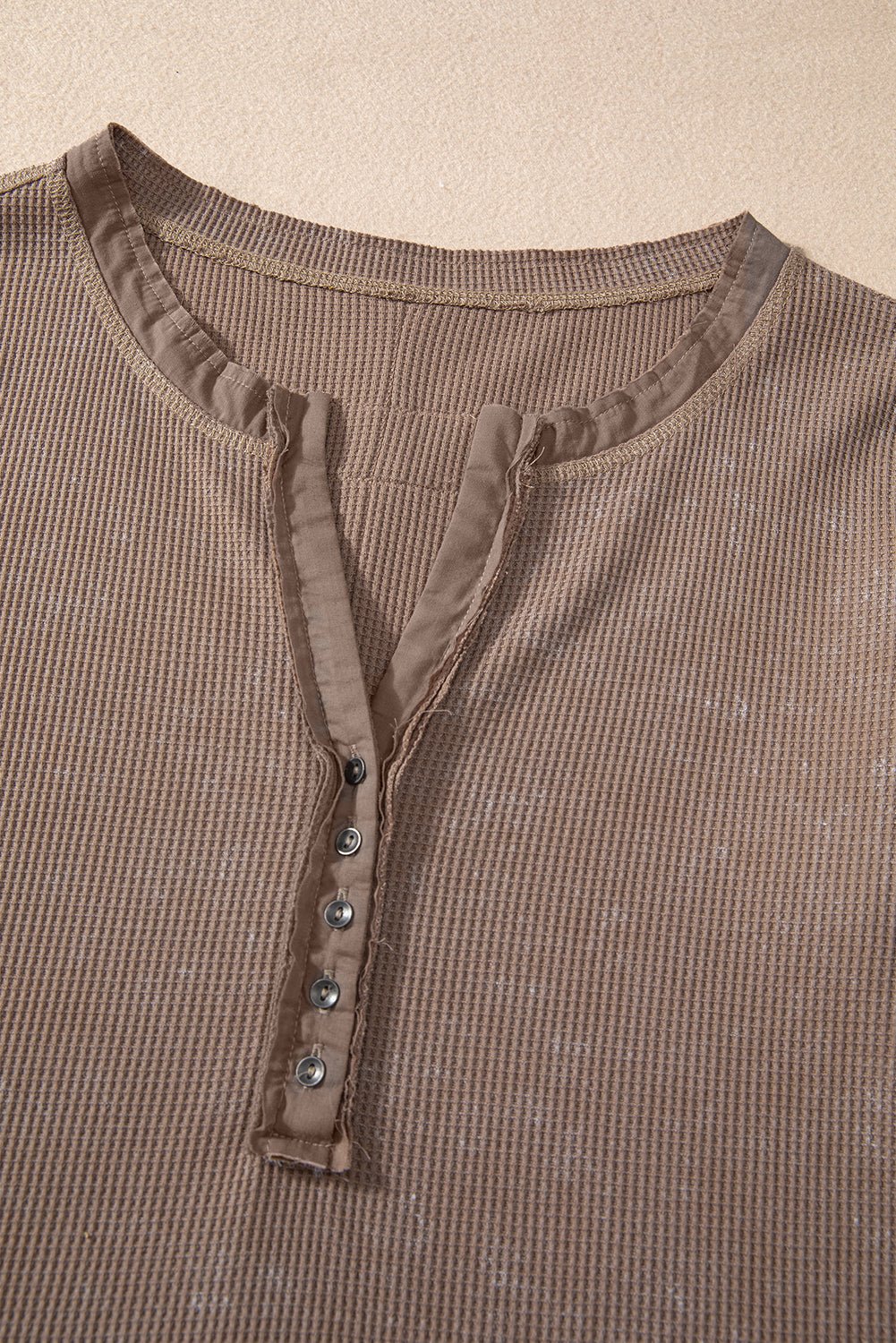 Coffee Button V Neck Waffle Knit Top - MAD RUFFI