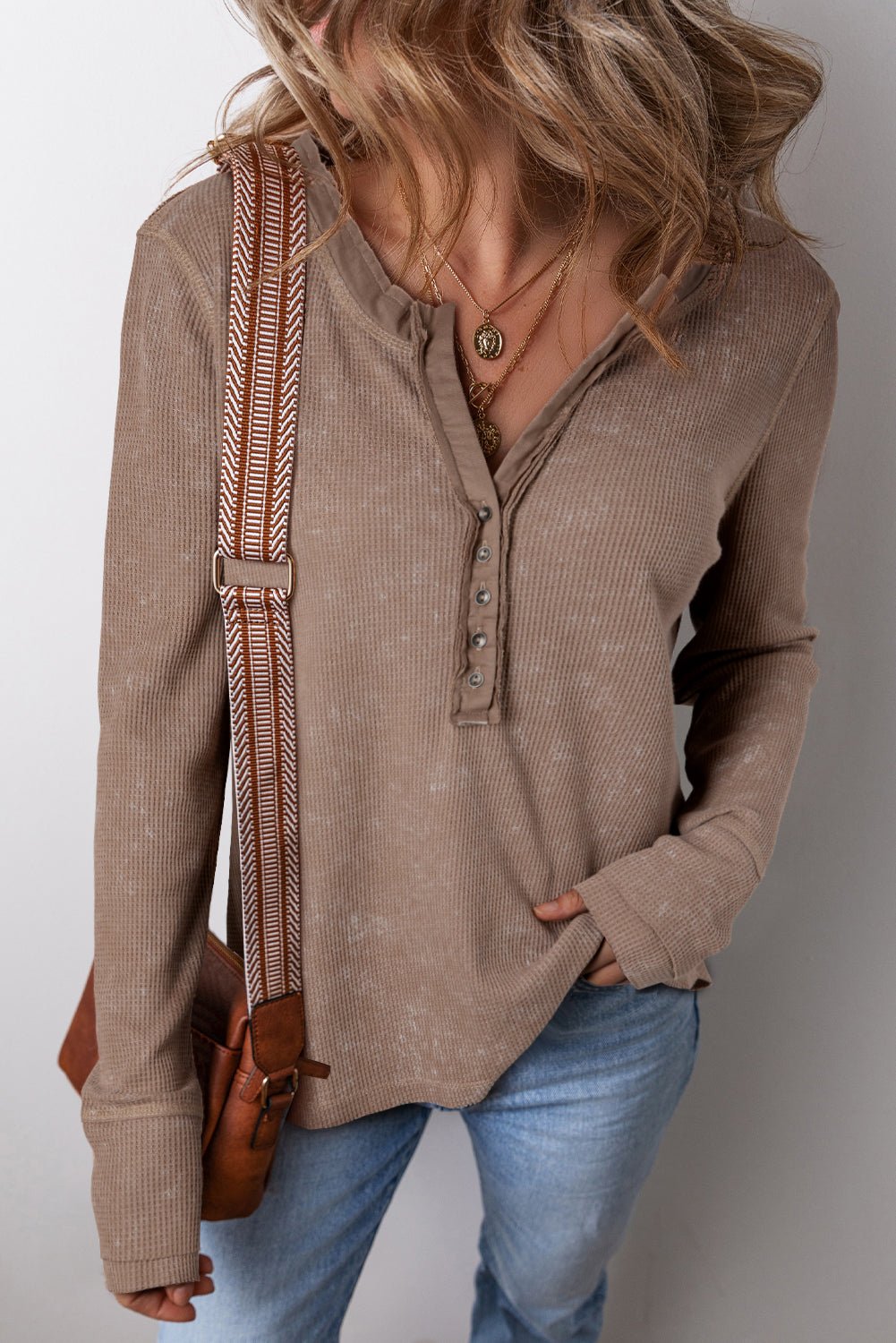 Coffee Button V Neck Waffle Knit Top - MAD RUFFI