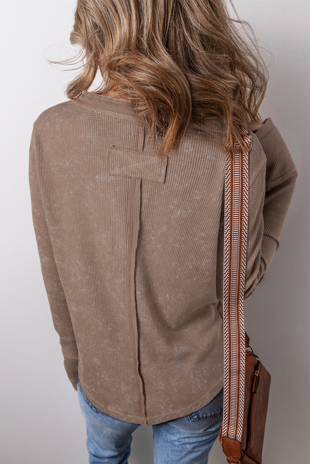 Coffee Button V Neck Waffle Knit Top - MAD RUFFI