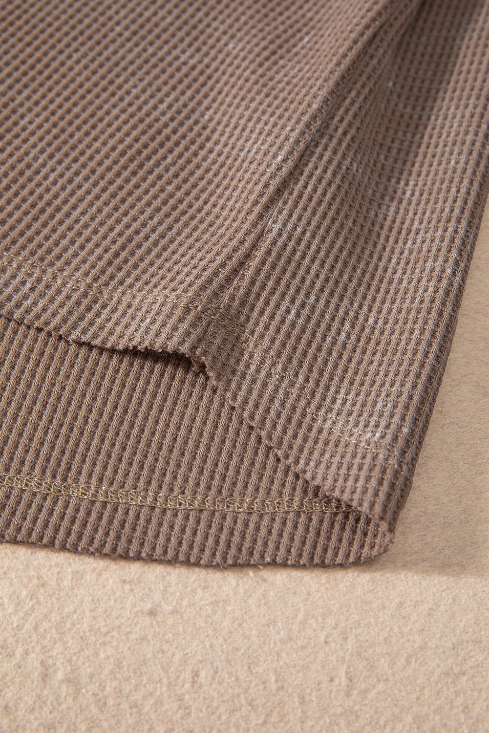 Coffee Button V Neck Waffle Knit Top - MAD RUFFI