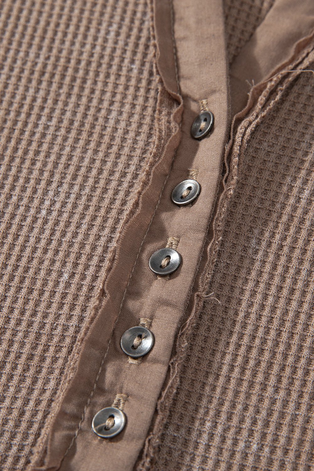 Coffee Button V Neck Waffle Knit Top - MAD RUFFI