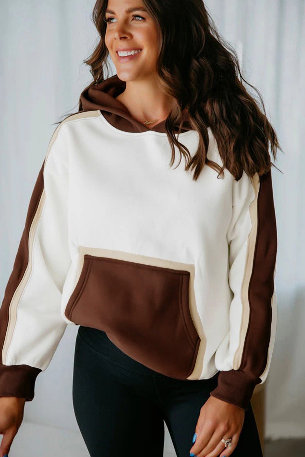 Coffee Colorblock Kangaroo Pocket Long Sleeve Hoodie - MAD RUFFI
