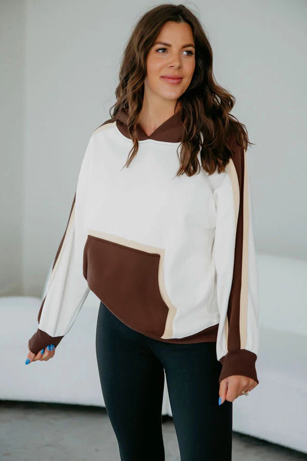 Coffee Colorblock Kangaroo Pocket Long Sleeve Hoodie - MAD RUFFI