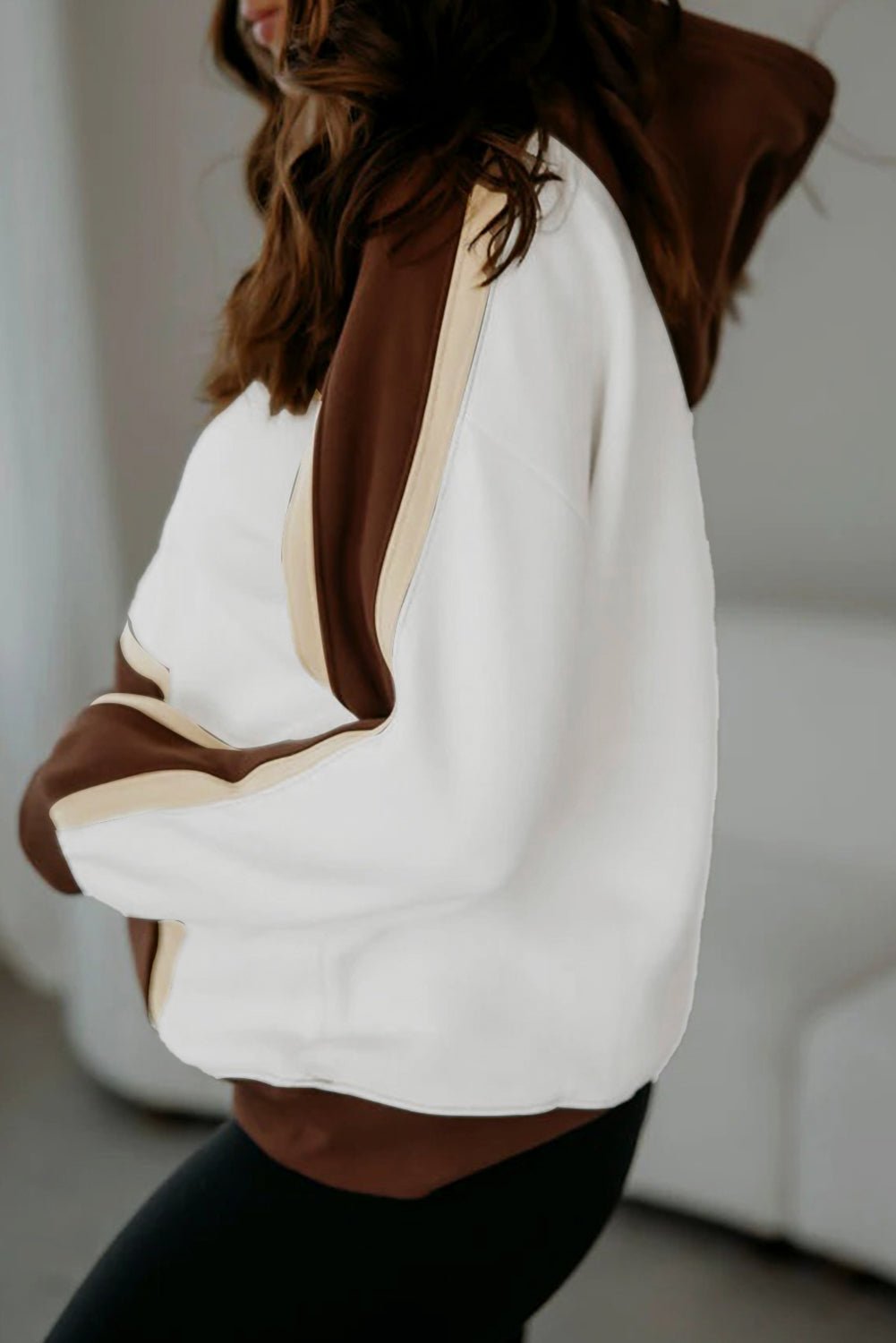 Coffee Colorblock Kangaroo Pocket Long Sleeve Hoodie - MAD RUFFI