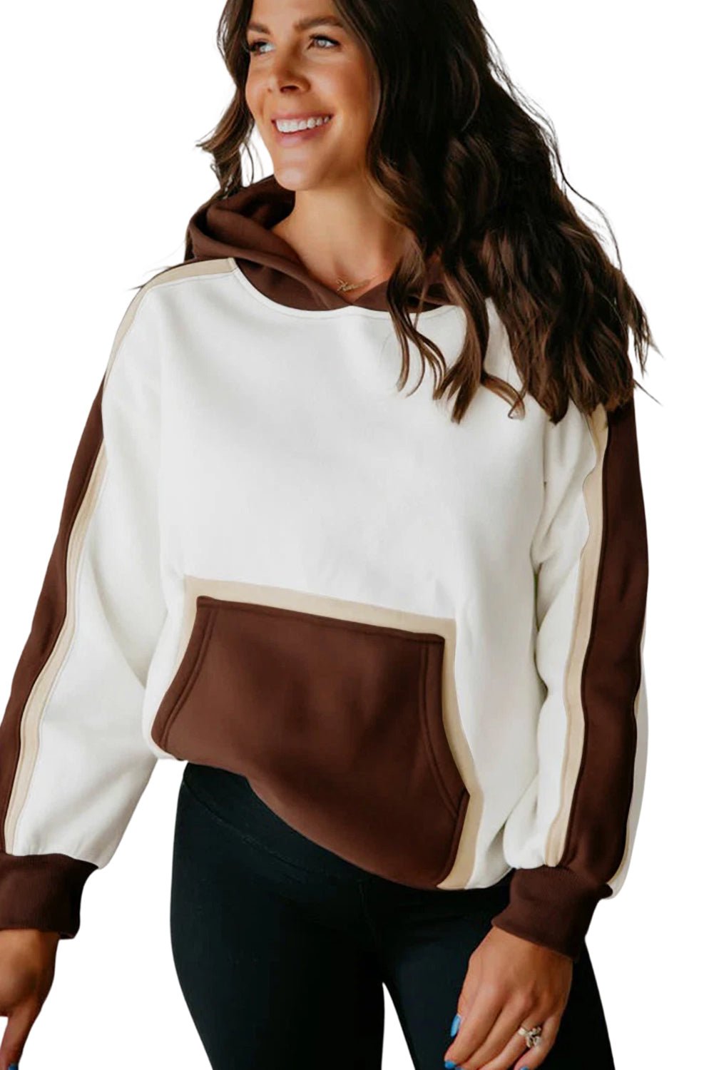 Coffee Colorblock Kangaroo Pocket Long Sleeve Hoodie - MAD RUFFI