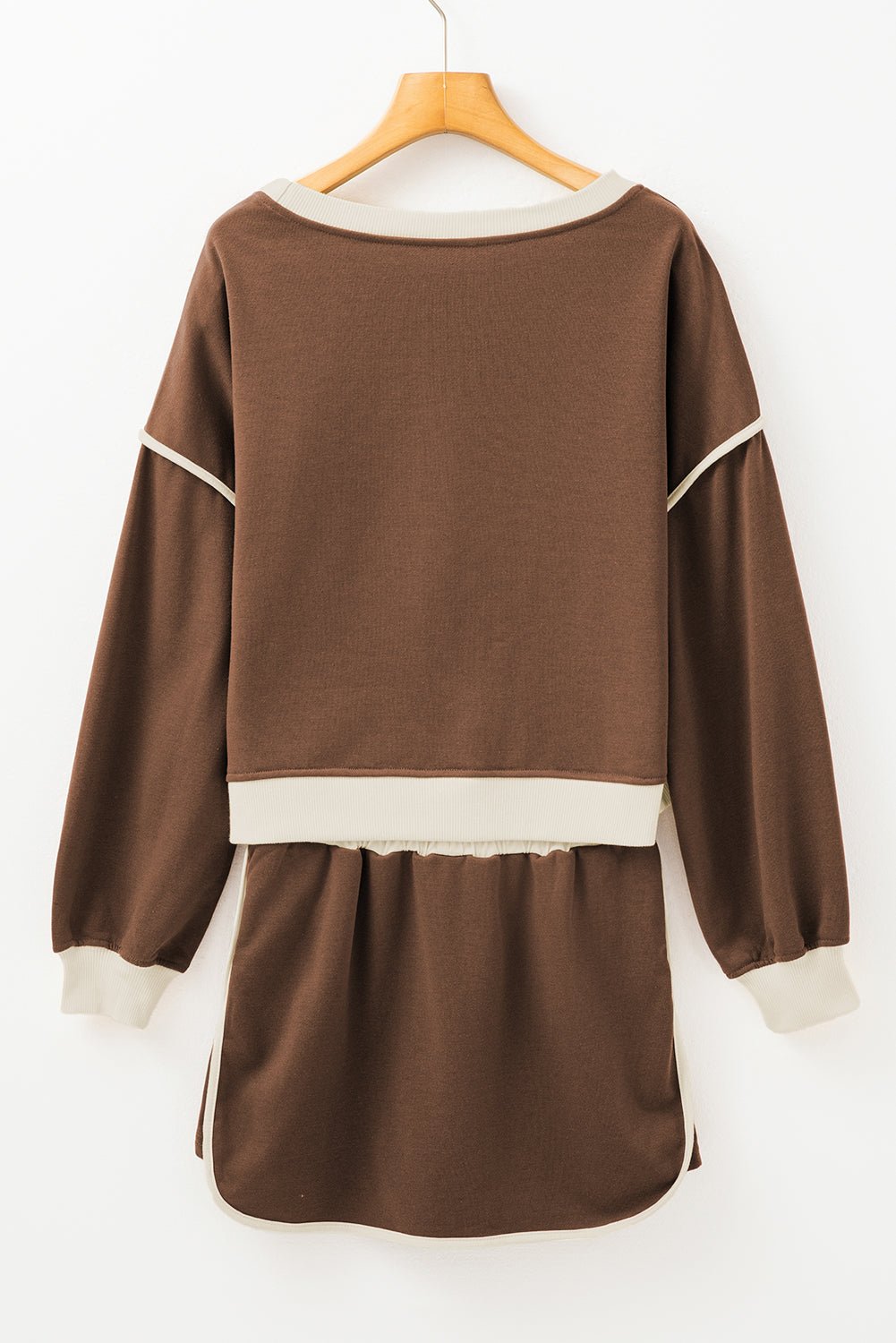 Coffee Contrast Trim Loose Pullover and Lace - up Waist Skort Set - MAD RUFFI