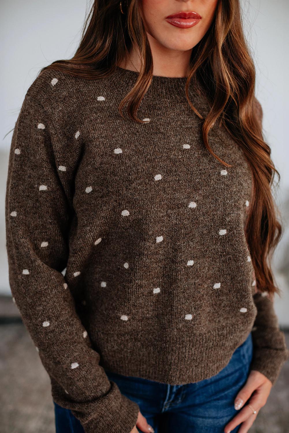 Coffee Dotted Print Ribbed Edge Knit Sweater - MAD RUFFI