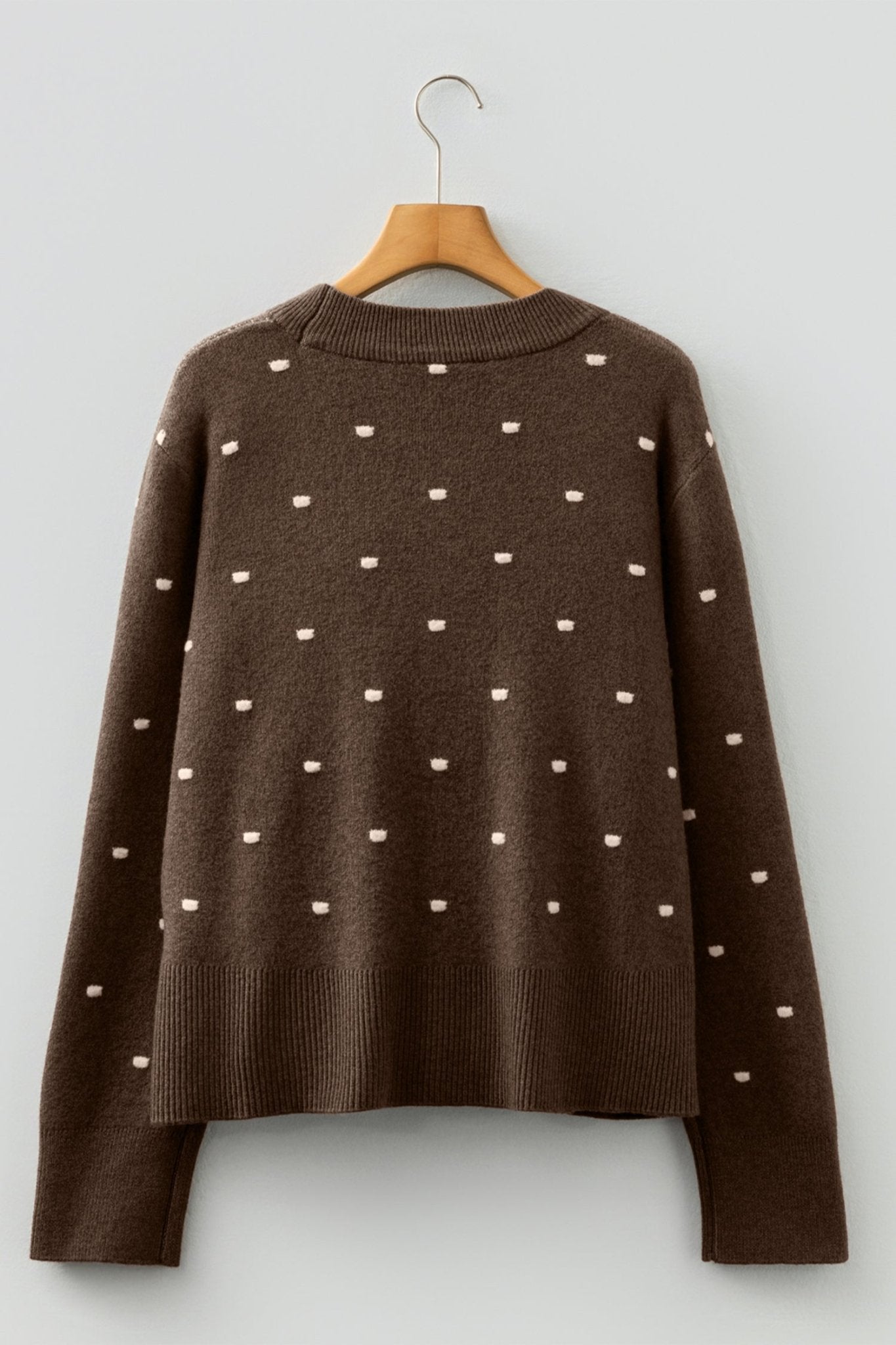 Coffee Dotted Print Ribbed Edge Knit Sweater - MAD RUFFI