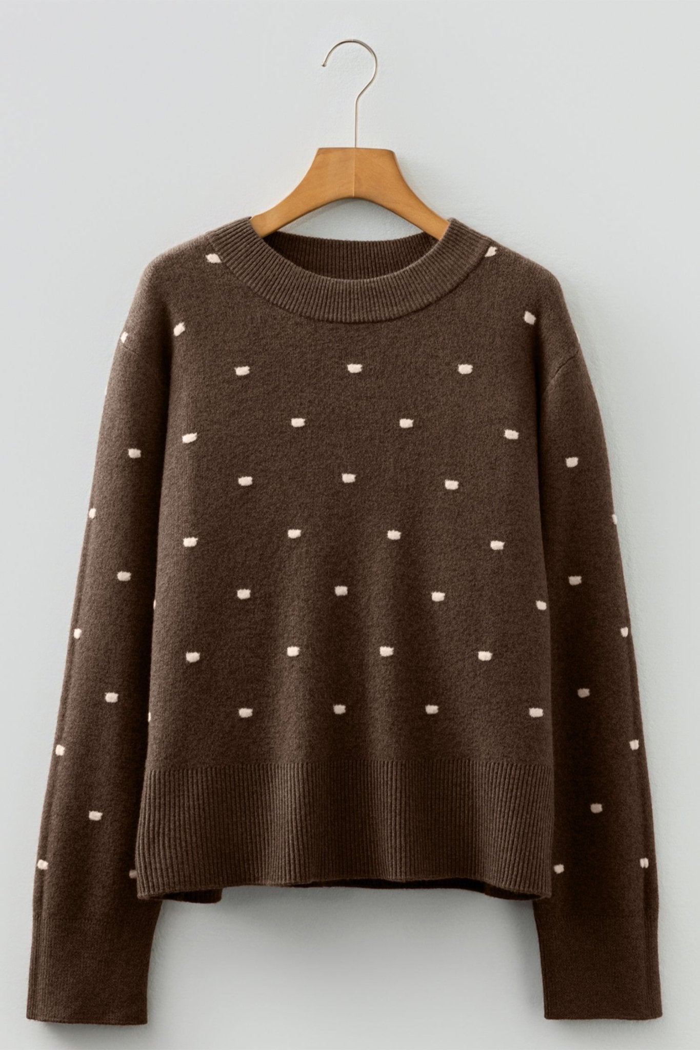 Coffee Dotted Print Ribbed Edge Knit Sweater - MAD RUFFI