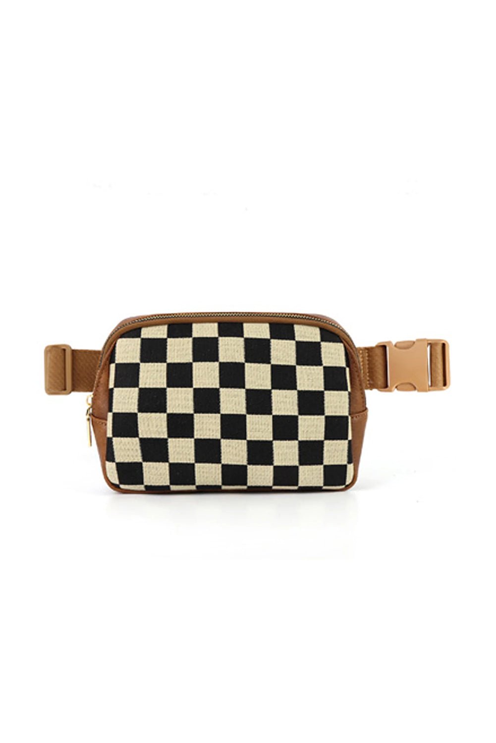 Coffee Faux Leather Checkered Patchwork Crossbody Bag - MAD RUFFI