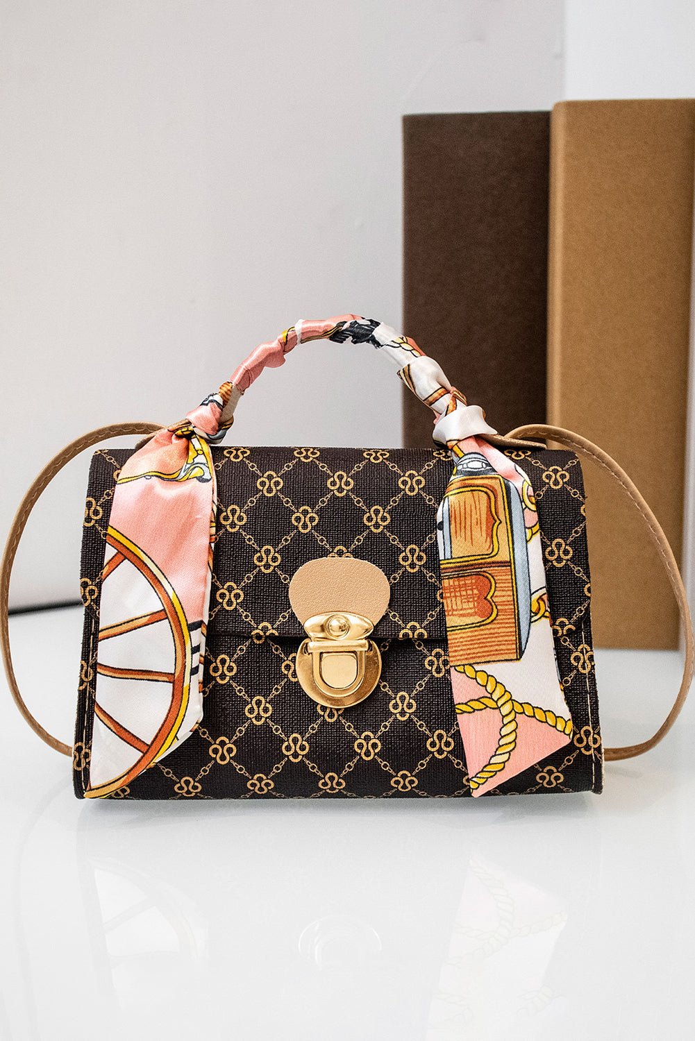 Coffee Geometric Pattern Ribbon Decor PU Leather Bag - MAD RUFFI