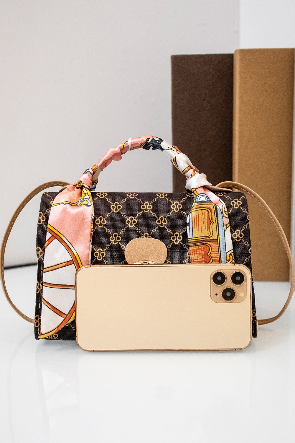 Coffee Geometric Pattern Ribbon Decor PU Leather Bag - MAD RUFFI