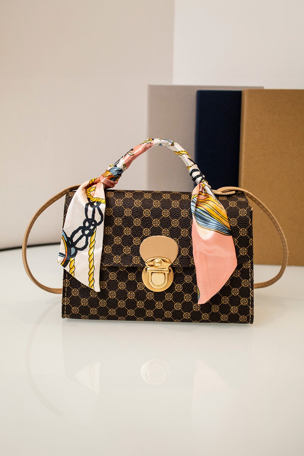 Coffee Geometric Pattern Ribbon Decor PU Leather Bag - MAD RUFFI