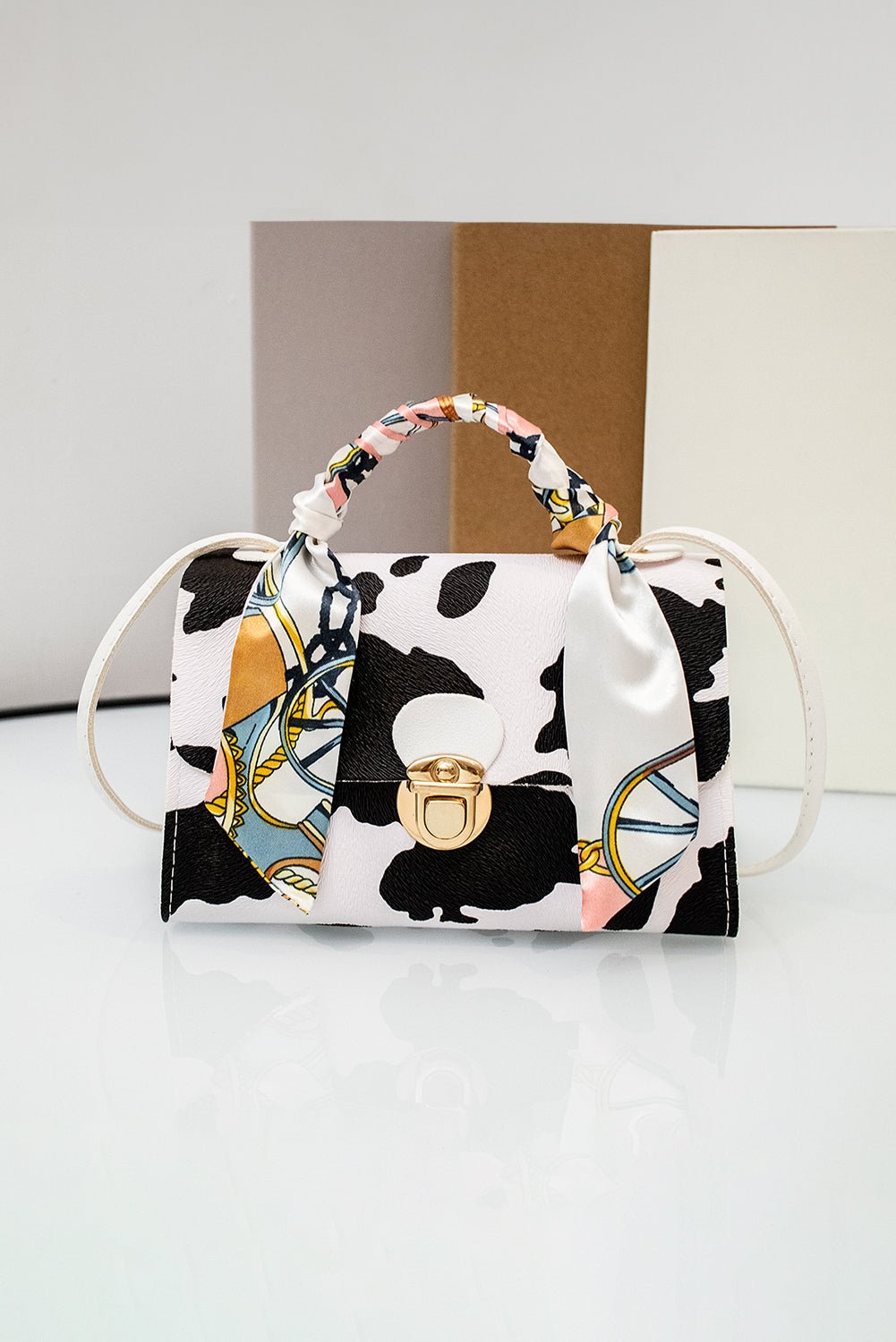 Coffee Geometric Pattern Ribbon Decor PU Leather Bag - MAD RUFFI
