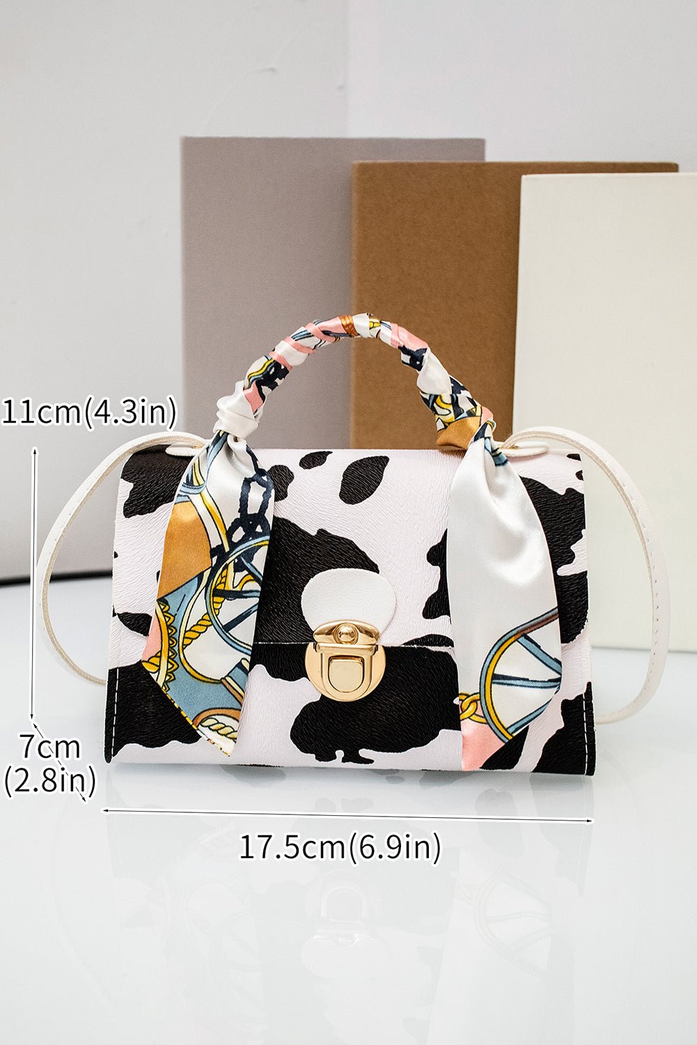 Coffee Geometric Pattern Ribbon Decor PU Leather Bag - MAD RUFFI