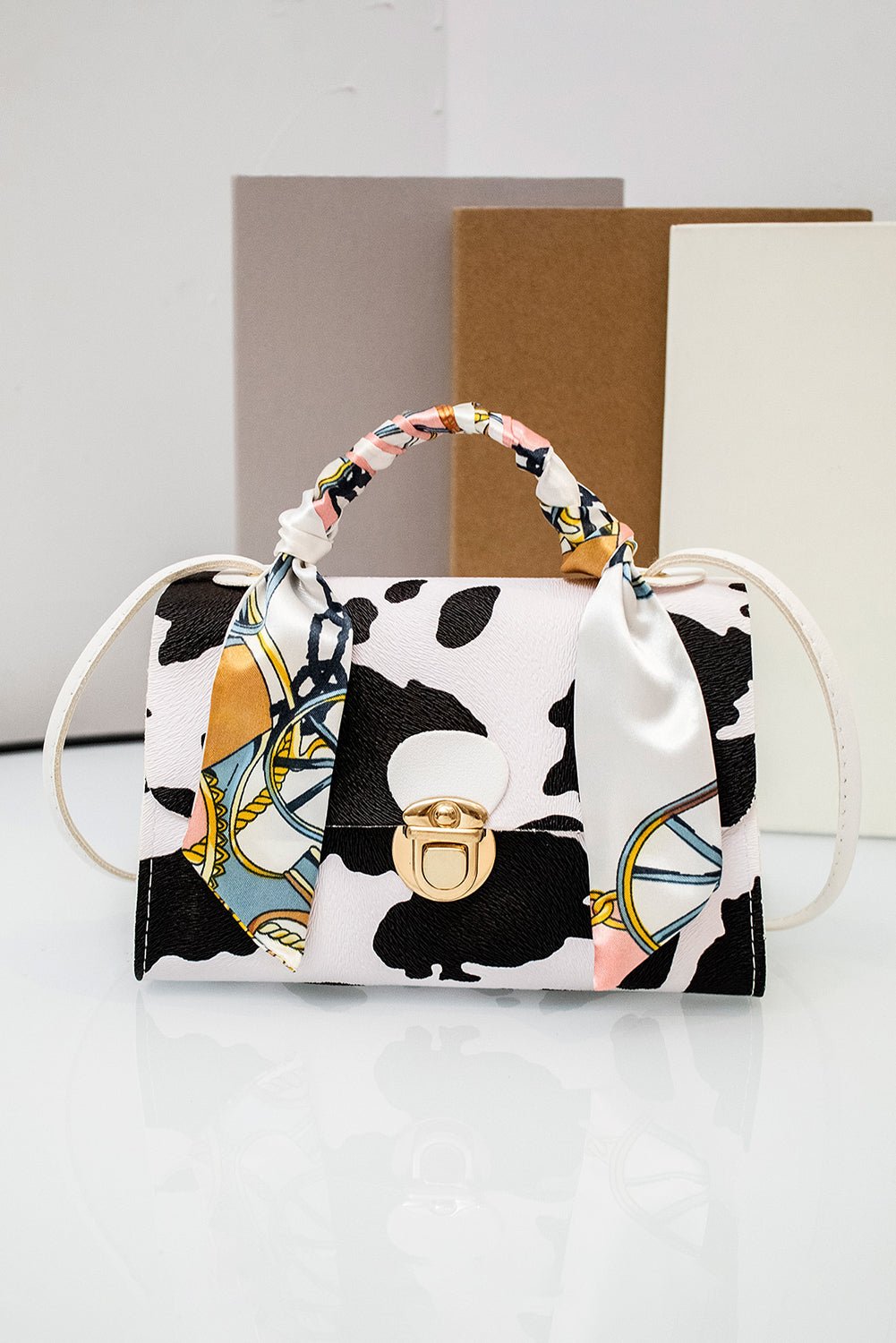 Coffee Geometric Pattern Ribbon Decor PU Leather Bag - MAD RUFFI