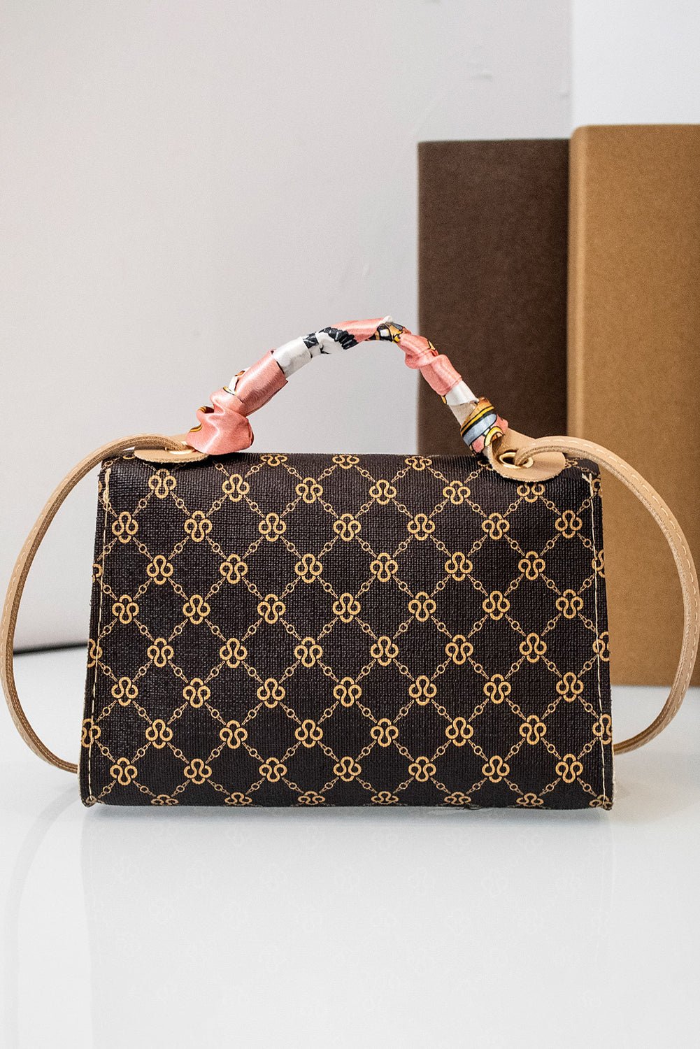 Coffee Geometric Pattern Ribbon Decor PU Leather Bag - MAD RUFFI