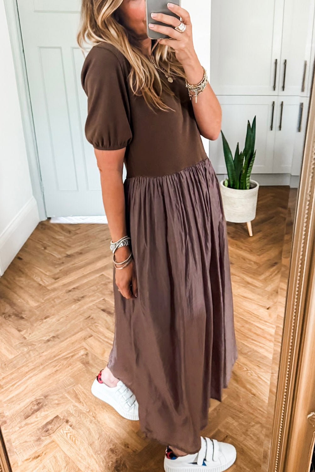 Coffee Knit Top Patchwork Pleated Half Sleeve Long Dress - MAD RUFFI