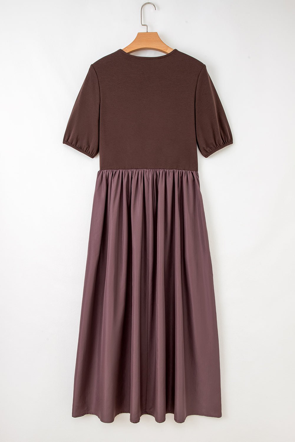 Coffee Knit Top Patchwork Pleated Half Sleeve Long Dress - MAD RUFFI