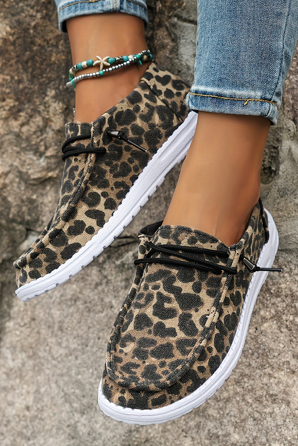 Coffee Lace-up Decor Leopard Canvas Shoes - Sneakers