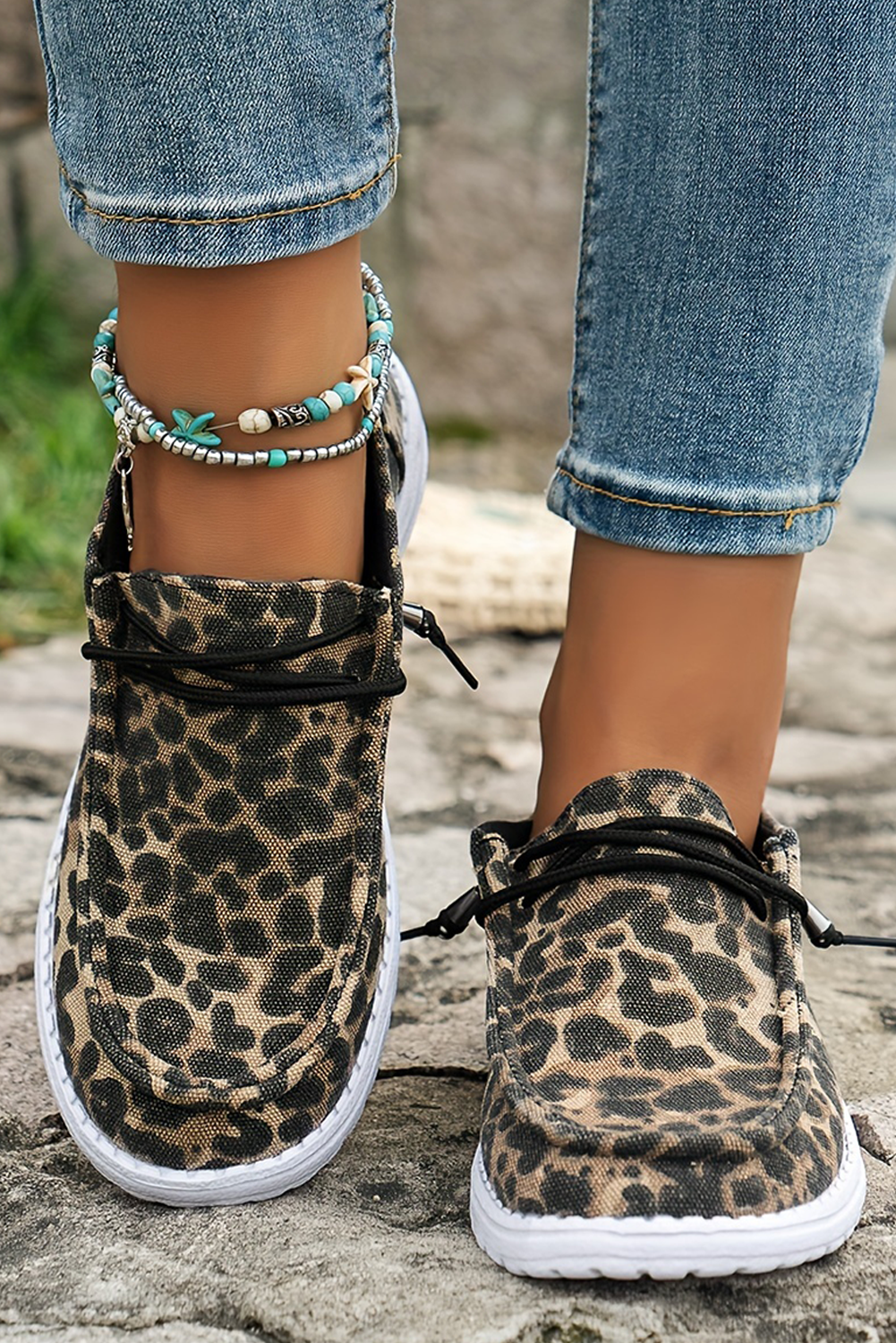 Coffee Lace-up Decor Leopard Canvas Shoes - Sneakers