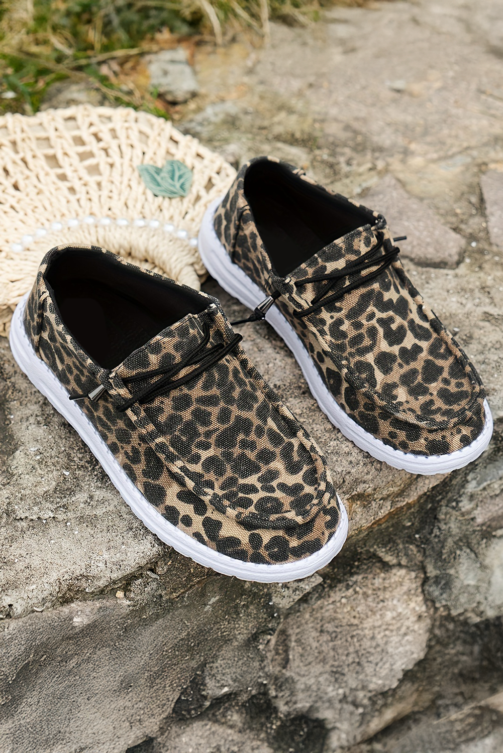 Coffee Lace-up Decor Leopard Canvas Shoes - Sneakers