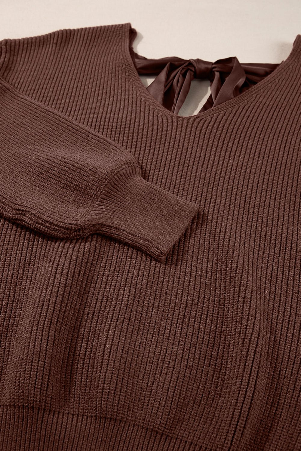 Coffee Lantern Sleeve V Neck Knot Back Sweater - MAD RUFFI