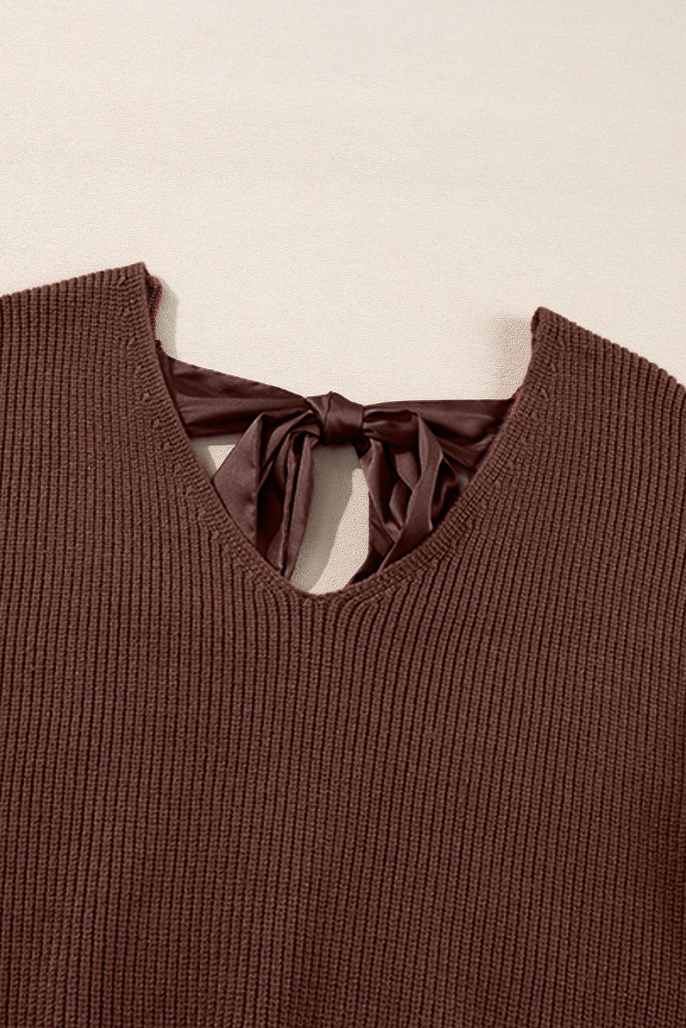 Coffee Lantern Sleeve V Neck Knot Back Sweater - MAD RUFFI